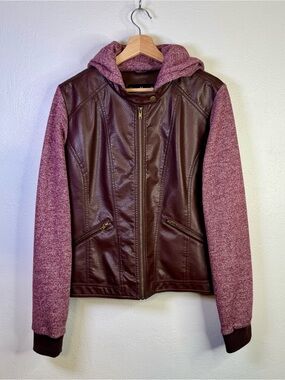 Jason Maxwell Burgundy Faux Leather Knit Sleeve Hooded Moto Jacket Women's XL